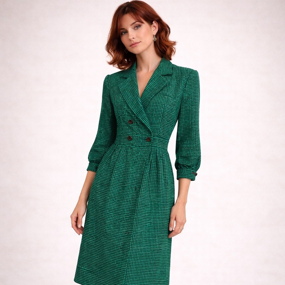 Vintage 80s Secretary Blazer Dress Houndstooth Kelly Green Sz S Rowie